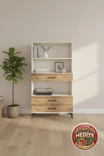 mobihobi Silva Dolap 3 Raflı 3 Çekmeceli Kitaplık 88x30x163 Aytaşı-Çam ürün görseli 1