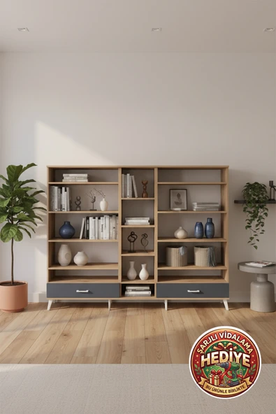 mobihobi Silva Dolap 14 Raflı, 2 Çekmeceli 220x30x163 Çam/Antrasit Dekoratif Depolama ürün görseli 1
