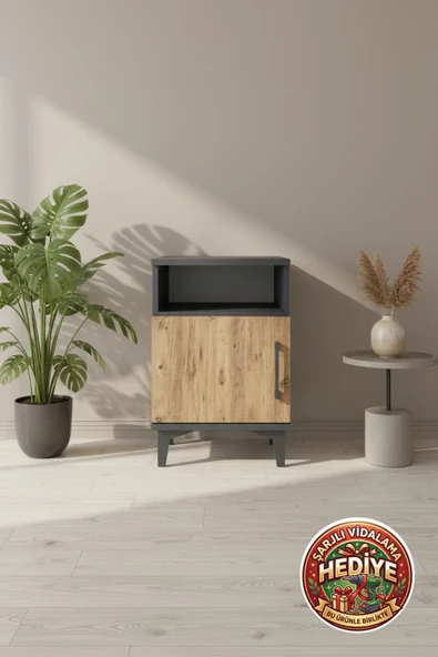 mobihobi Luna Antrasit-Çam Tek Raflı Tek Kapaklı Komodin 44x44x64 ürün görseli 1