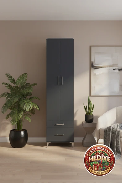 mobihobi Luna 5 Raflı 2 Çekmeceli 2 Kapaklı Dolap - 60x44x243 cm Antrasit ürün görseli 1