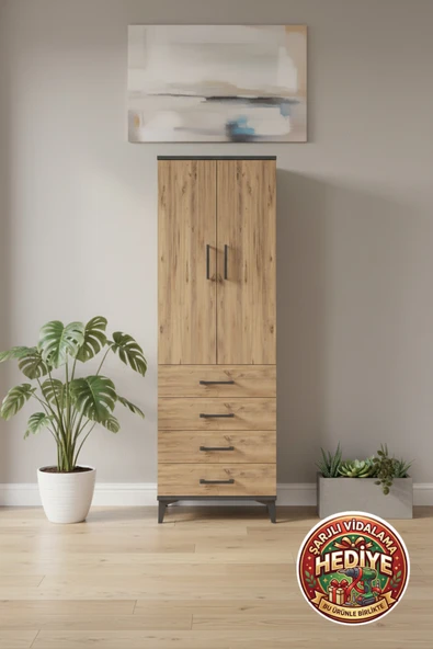 mobihobi Aura Dolap 4 Çekmeceli, Tek Raflı, Tek Askılı 60x59x182 Antrasit-Çam ürün görseli 1