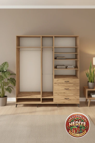 mobihobi Luna Gardrop: 9 Raflı, 3 Çekmeceli, 3 Askılı, 220x44x243 Çam ürün görseli 1