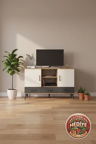 mobihobi Luna Konsol: 6 Raflı, 3 Çekmeceli, 3 Kapaklı 132cm Çam-Aytaşı/Antrasit ürün görseli 1