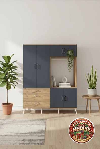mobihobi Luna Gardrop 7 Raflı, 3 Çekmeceli, Çam-Antrasit 176x44x221 ürün görseli 1