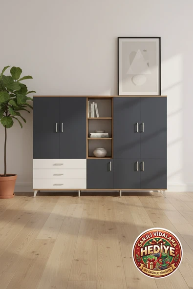 mobihobi Silva 11 Raflı 3 Çekmeceli 7 Kapaklı Dolap | 220x30x163 Çam-Antrasit/Aytaşı ürün görseli 1