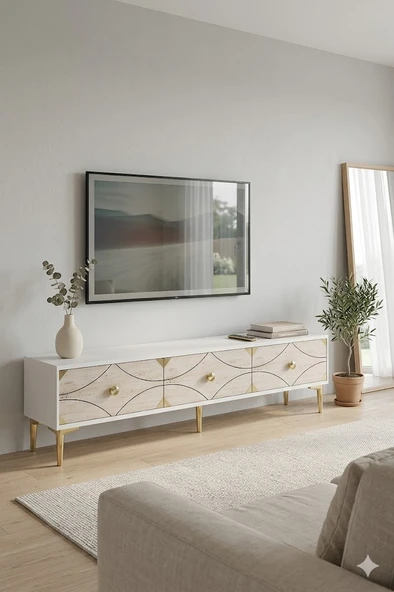 TSA1897BTG ALFA Tv Sehpası Beyaz-Traverten-Gold 180cm ürün görseli 1
