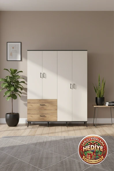 mobihobi Silva Gardrop 4 Raflı 2 Çekmeceli Antrasit-Aytaşı/Çam 176x30x221 ürün görseli 1
