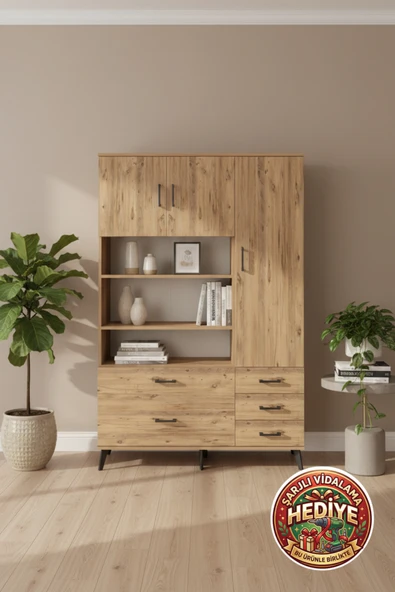 mobihobi Silva Gardırop 9 Raflı 5 Çekmeceli 3 Kapaklı 132x30x195 Atlas Çam ürün görseli 1
