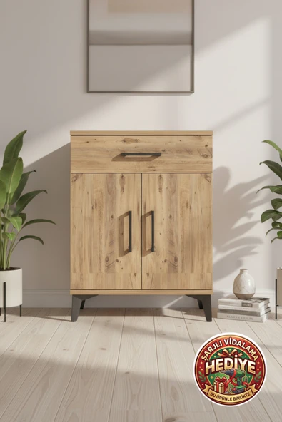 mobihobi Silva Atlas Çam Komodin: 1 Çekmeceli, 2 Kapaklı, 1 Raflı (60x30x80 cm) ürün görseli 1