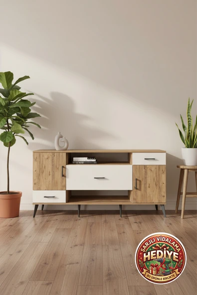 mobihobi Luna Konsol: 4 Raflı, 3 Çekmeceli, 2 Kapaklı 176cm Çam/Aytaşı Dolap ürün görseli 1