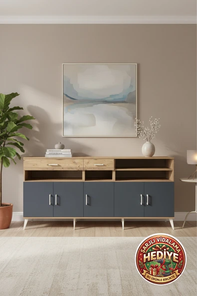 mobihobi Luna Konsol: 7 Raflı, 2 Çekmeceli, 5 Kapaklı Antrasit/Çam (220x44x99) ürün görseli 1