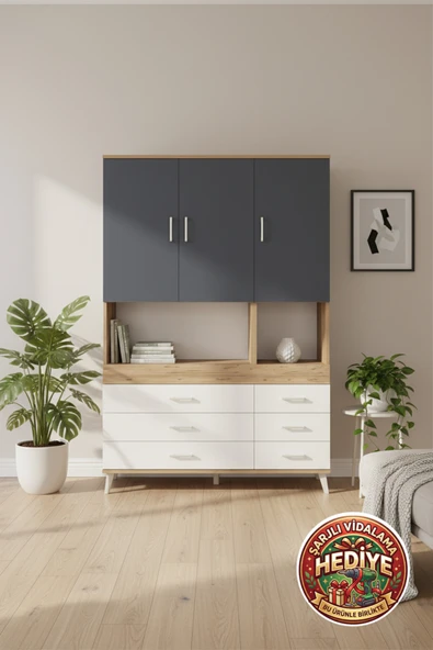 mobihobi Silva Dolap: 6 Raflı, 6 Çekmeceli, 3 Kapaklı, 132x30x195 Çam/Antrasit-Aytaşı ürün görseli 1
