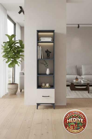 mobihobi Silva Dolap 4 Raflı 1 Çekmeceli Antrasit-Aytaşı 44x30x182 CM ürün görseli 1