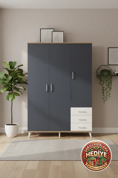 mobihobi Aura 6 Raflı 3 Çekmeceli Çam-Antrasit Dolap | 132x59x195 Cm ürün görseli 1