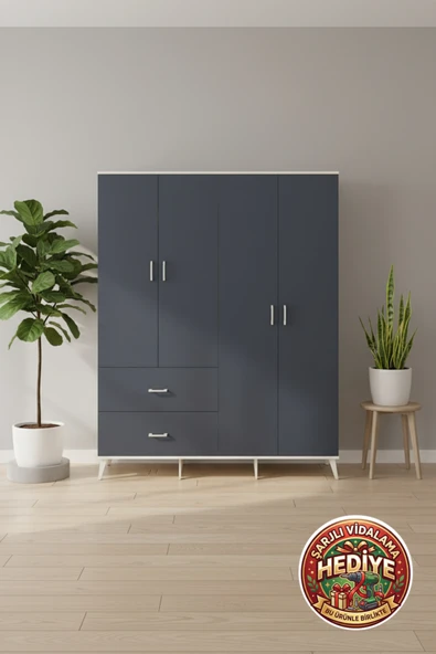 mobihobi Aura Gardırop 176x59x221 Aytaşı-Antrasit: 4 Kapak, 2 Çekmece, 2 Askılık ürün görseli 1