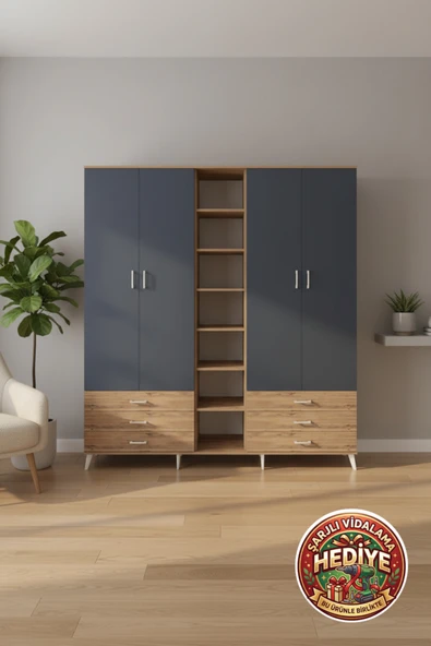 mobihobi Luna Dolap 13 Raflı, 6 Çekmeceli, 2 Askılı 220x44x243 Çam-Antrasit ürün görseli 1