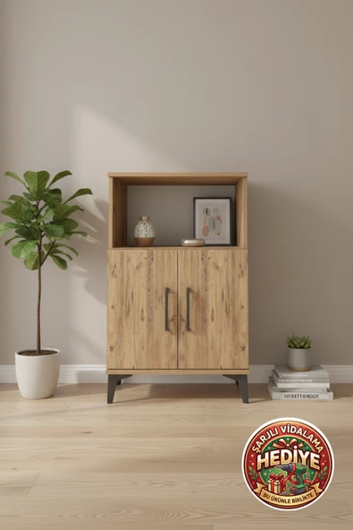 mobihobi Luna Komodin 2 Raflı 2 Kapaklı 60x44x96 Atlas Çam | Kaliteli Yatak Odası Mobilyası ürün görseli 1