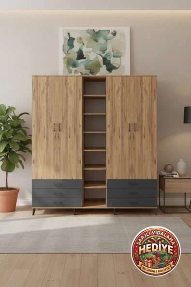 mobihobi Aura Dolap: 220x243 cm, 13 Raflı, 6 Çekmeceli, 2 Askılı (Çam/Antrasit) ürün görseli 1