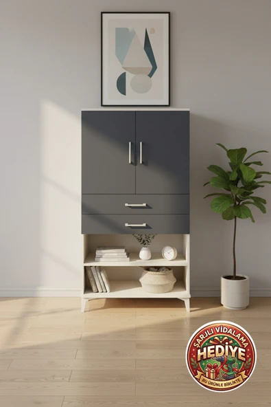 mobihobi Silva 88x30x163 Aytaşı-Antrasit Dolap: 3 Raf, 2 Çekmece, 2 Kapak ürün görseli 1
