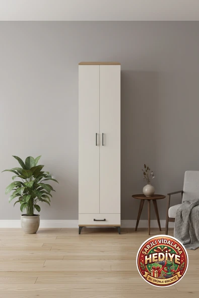 mobihobi Luna Dolap 6 Raflı, 1 Çekmeceli, 2 Kapaklı Çam-Aytaşı | 60x44x243 ürün görseli 1