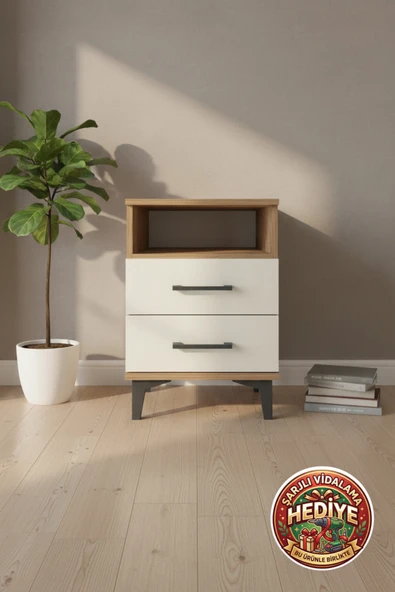 mobihobi Luna Komodin: 2 Çekmeceli, Tek Raflı, Atlas Çam ve Aytaşı Kombinasyonu (44x44x64cm) ürün görseli 1