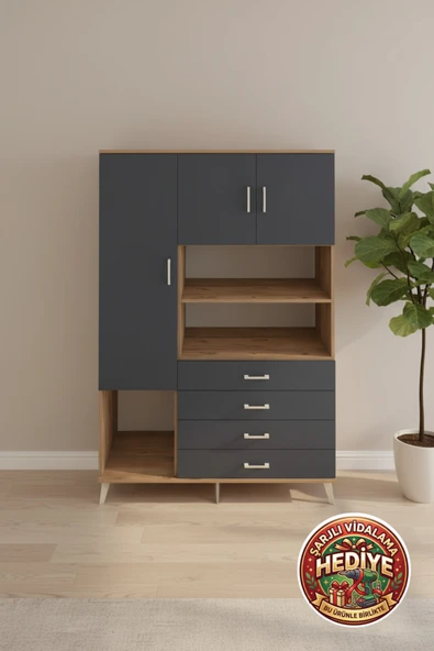mobihobi Luna Gardrop 7 Raflı 4 Çekmeceli 3 Kapaklı 132x44x195 Çam-Antrasit ürün görseli 1