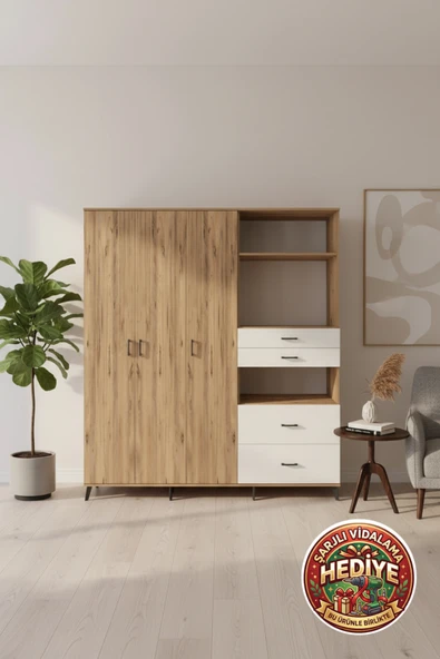 mobihobi Luna Dolap: 12 Raflı, 4 Çekmeceli, 1 Askılı, 220x44x243 Çam/Aytaşı ürün görseli 1