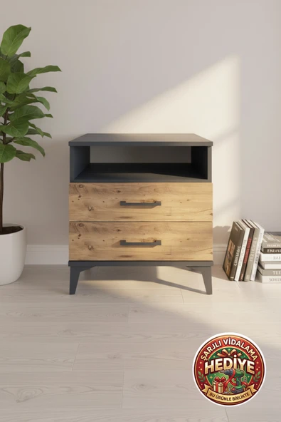 mobihobi Luna Komodin 2 Çekmeceli 1 Raflı 60x44x64 Antrasit-Çam | Modern Yatak Odası ürün görseli 1
