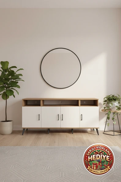 mobihobi Luna 6 Raflı 4 Kapaklı Konsol: Çam-Aytaşı Modern Depolama (176x44x83) ürün görseli 1