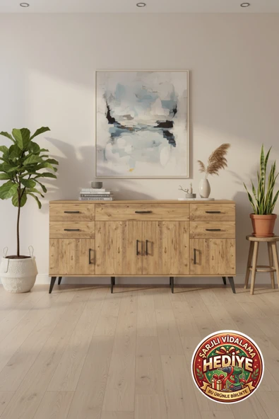 mobihobi Luna Konsol: 5 Çekmeceli, 4 Kapaklı, 1 Raflı, 176cm, Atlas Çam ürün görseli 1