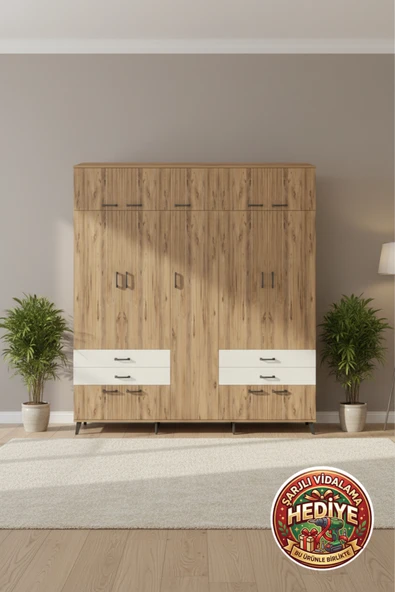 mobihobi Silva 12 Raflı 4 Çekmeceli Dolap: 220x30x243 Atlas Çam/Aytaşı Geniş Depolama ürün görseli 1
