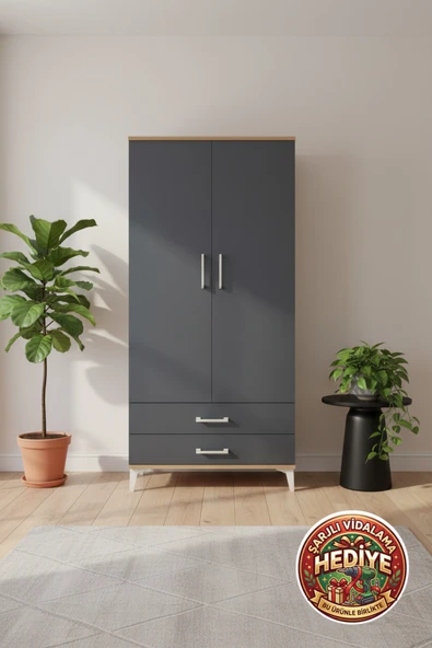 mobihobi Silva 4 Raflı Çekmeceli Dolap: 88x30x182 Çam & Antrasit Şıklığı ürün görseli 1