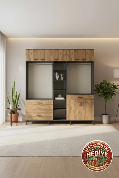mobihobi Silva Gardırop 11 Raflı, 4 Çekmeceli, 2 Askılı 220x243 Antrasit-Çam ürün görseli 1