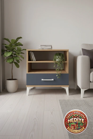 mobihobi Luna Komodin 2 Raflı 1 Çekmeceli Çam-Antrasit 60x44x64 - Şık ve Fonksiyonel Saklama Çözümü ürün görseli 1