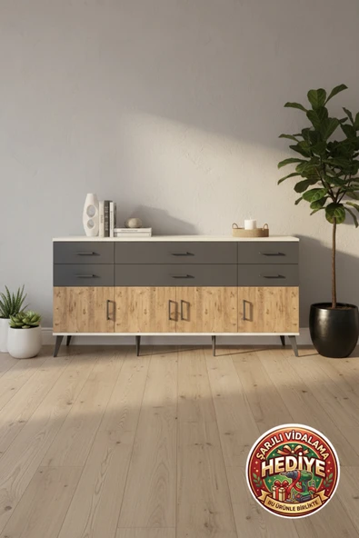 mobihobi Luna Konsol: 6 Çekmeceli, 4 Kapaklı, 2 Raflı 176x44x83 Aytaşı-Çam/Antrasit ürün görseli 1