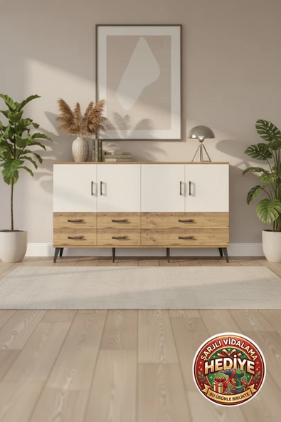 mobihobi Silva 6 Raflı 6 Çekmeceli 4 Kapaklı Konsol - 176x30x99 cm Çam-Aytaşı ürün görseli 1