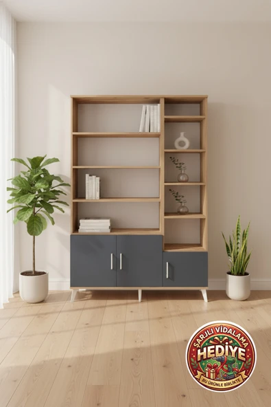 mobihobi Silva 10 Raflı 3 Kapaklı Dolap: Şık Çam-Antrasit Tasarım, 132x30x195 cm ürün görseli 1