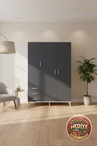 mobihobi Luna Gardırop 132x44x195cm: Aytaşı Gövde, Antrasit Kapaklı, 6 Raflı, 3 Çekmeceli ürün görseli 1