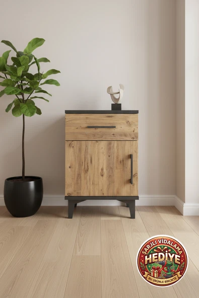 mobihobi Luna Komodin Antrasit-Çam: Tek Çekmeceli, Tek Kapaklı, 44x44x64 cm - Şık ve Fonksiyonel ürün görseli 1