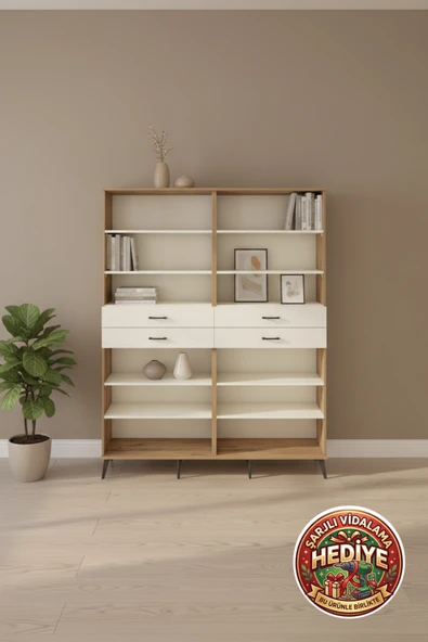 mobihobi Silva Gardırop: 10 Raflı, 4 Çekmeceli 176x30x221 cm Çam-Aytaşı ürün görseli 1