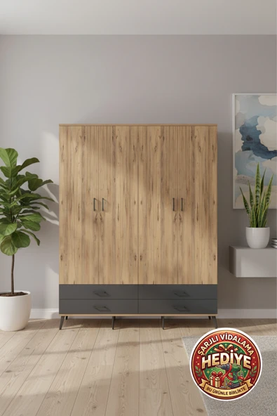 mobihobi Luna Gardırop: 6 Raflı, 4 Çekmeceli, 2 Askılı, 176x44x221 Çam-Antrasit ürün görseli 1