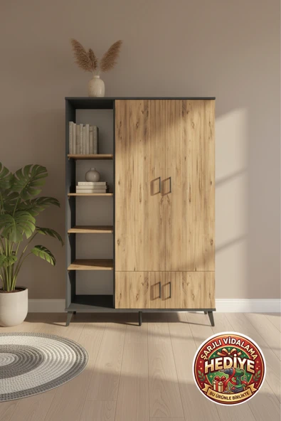mobihobi Luna Gardırop 6 Raflı 4 Kapaklı Antrasit-Çam | 132x44x195 Şık Tasarım ürün görseli 1
