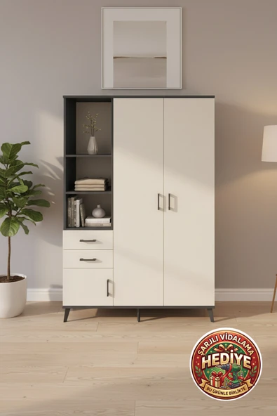 mobihobi Luna Gardırop: 5 Raflı, 2 Çekmeceli, Antrasit-Aytaşı 132cm ürün görseli 1