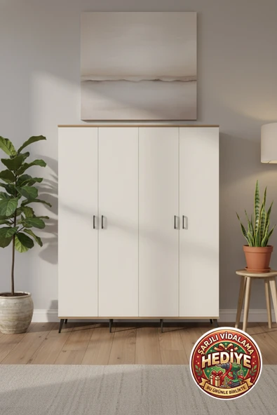 mobihobi Luna Gardırop 4 Kapaklı 4 Raflı 4 Askılı 176x44x221 Çam-Aytaşı ürün görseli 1