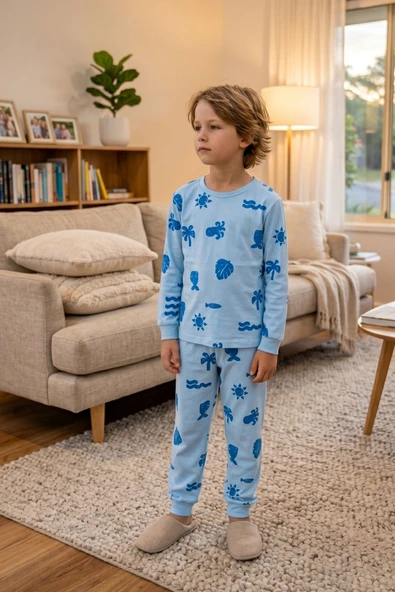 Deniz Temalı Mavi Renk %100 Pamuk Erkek Çocuk Pijama Takımı ürün görseli 1