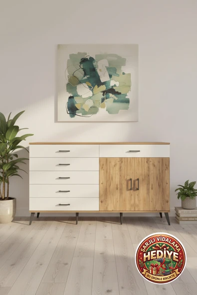 mobihobi Luna Konsol: 6 Çekmeceli, 2 Kapaklı, 1 Raflı 176cm Çam/Aytaşı Depolama Çözümü ürün görseli 1