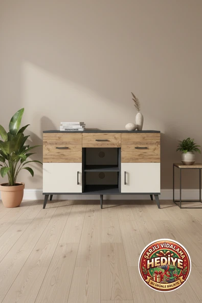 mobihobi Luna Konsol: 3 Çekmeceli, 3 Kapaklı, Raflı Antrasit-Aytaşı/Çam 132cm ürün görseli 1