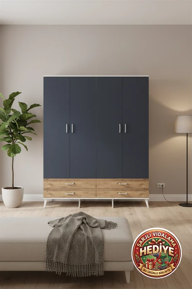 mobihobi Aura Gardrop 176cm - Aytaşı/Antrasit Çam, 6 Raf, 4 Çekmece, 2 Askı ürün görseli 1