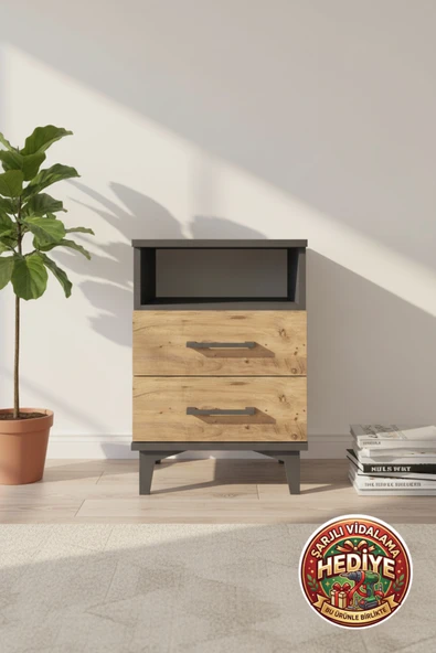 mobihobi Silva Antrasit Çam Tek Raflı 2 Çekmeceli Komodin 44x30x64 cm ürün görseli 1
