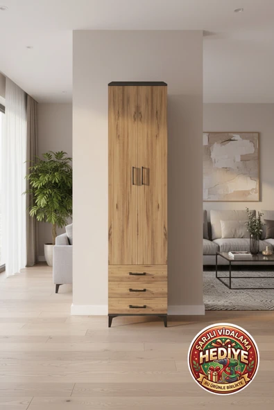 mobihobi Luna 5 Raflı 3 Çekmeceli 2 Kapaklı Antrasit-Çam Dolap (60x44x243cm) ürün görseli 1